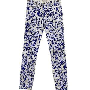 DVF x Current/Elliott White Jeans Blue Floral Straight-Leg Skinny 29" Waist